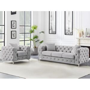 Vente unique Canape 3 places et fauteuil en velours gris clair EDWINA