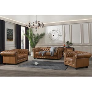 Vente-unique.com Canapes chesterfield 3 places 2 places et un fauteuil BRENTON 100% cuir de buffle premium - Caramel vintage