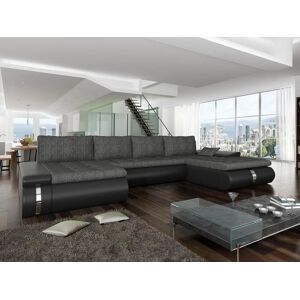 Vente-unique Canape d'angle panoramique convertible et reversible en tissu et simili noir et anthracite AZELMA II