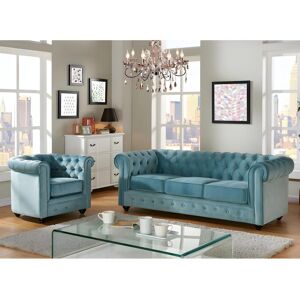 Vente-unique Canape 3 places et fauteuil CHESTERFIELD - Velours bleu pastel