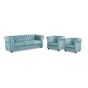Vente-unique Canape 3 places et 2 fauteuils CHESTERFIELD - Velours bleu pastel