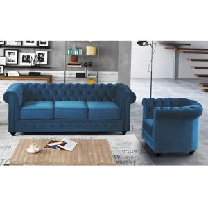 Vente unique Canape 3 places et fauteuil CHESTERFIELD Velours bleu canard