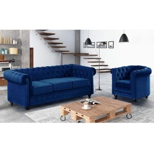 Vente unique Canape 3 places et fauteuil CHESTERFIELD Velours bleu roi