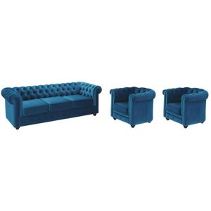 Vente unique Canape 3 places et 2 fauteuils CHESTERFIELD Velours bleu canard