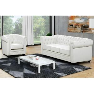 Vente unique Canape 3 places et fauteuil CHESTERFIELD Simili Blanc