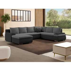 Vente-unique Canape d'angle panoramique convertible et reversible en simili et tissu DAKOTA - Bicolore noir et gris