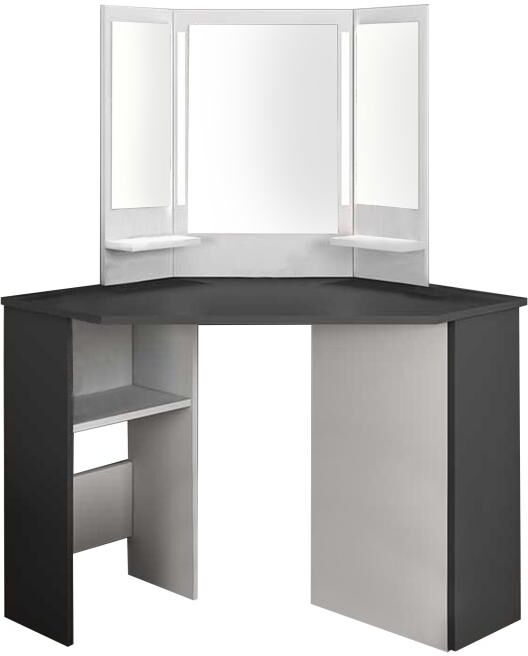 Vente-unique Coiffeuse d'angle avec miroir à LEDs et rangements - Blanc et gris - CHARLENE