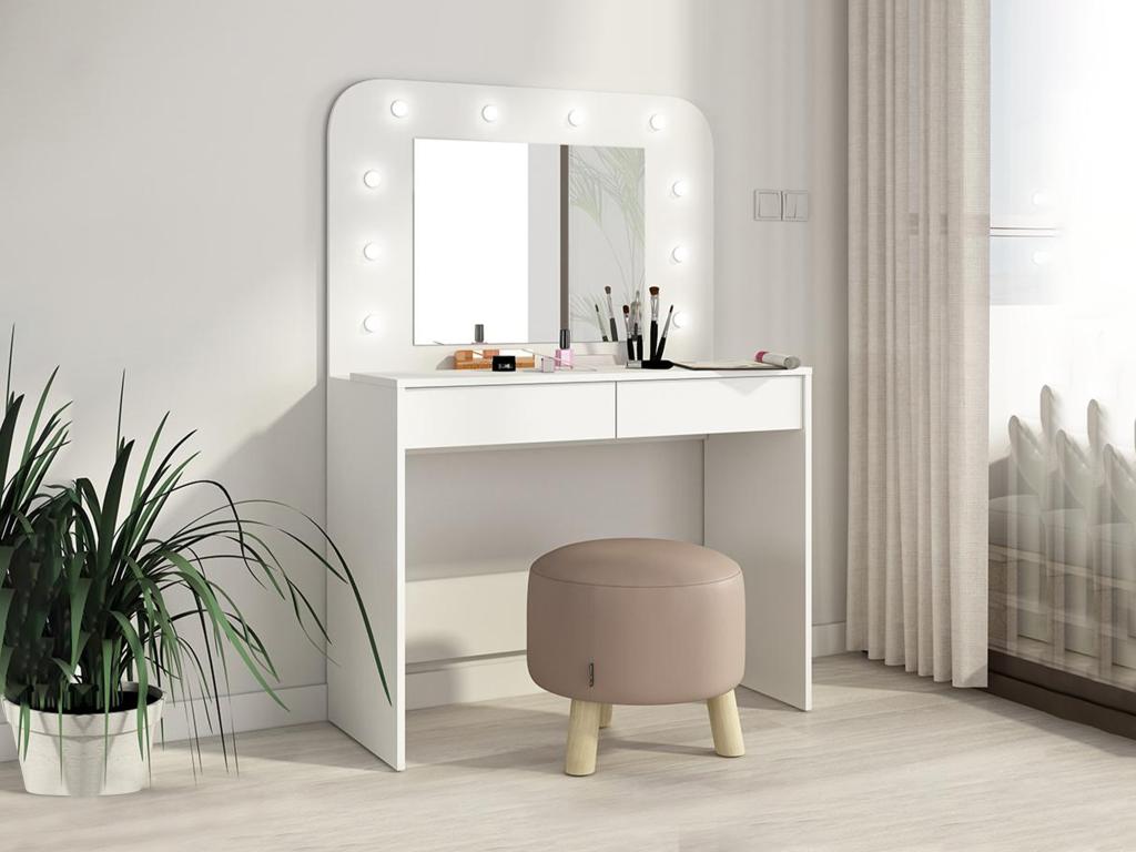Vente-unique Coiffeuse JOSEPHINE - Miroir à LEDs et rangements - Blanc
