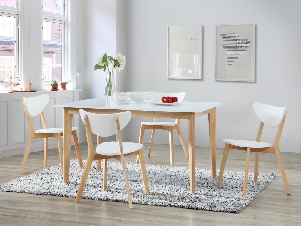 Vente-unique Table à manger extensible CARINE - 6 à 8 couverts - Hévéa massif et MDF - Blanc