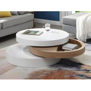 Vente-unique Table basse pivotante ronde avec 1 niche en MDF - Blanc et naturel clair - JANITA