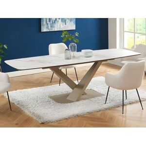 Table a manger extensible 6 a 10 couverts en verre trempe, ceramique et metal - Effet marbre blanc et beige - MALATA de Pascal MORABITO