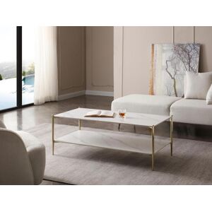 Vente unique Table basse double plateau en ceramique et metal Effet marbre blanc et dore MADOLA