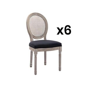 Vente-unique Lot de 6 chaises - Cannage, tissu et bois d'hevea - Noir - ANTOINETTE