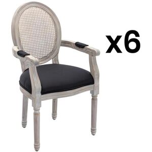 Vente-unique Lot de 6 chaises avec accoudoirs - Cannage, tissu et bois d'hevea - Noir - ANTOINETTE