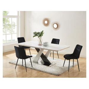 Vente-unique Table a manger 8 couverts en MDF et acier inoxydable - Effet marbre blanc et noir - EVAELA