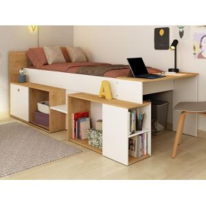 Vente-unique Lit combine 90 x 200 cm avec bureau et rangements - Blanc et naturel - PALOMA