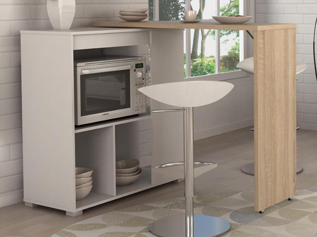 Vente-unique Meuble de bar pivotant avec rangements - Naturel et blanc - SATURNE