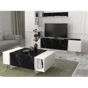 Vente-unique Table basse avec 1 porte et 2 niches - Effet marbre noir, blanc et chromé - CADEBA