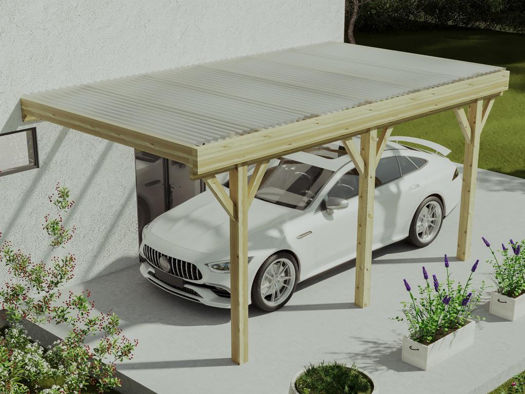 Vente-unique.com Carport pergola simple adossé en bois traité - avec toit en PVC - 1 voiture - 15 m - HELENE