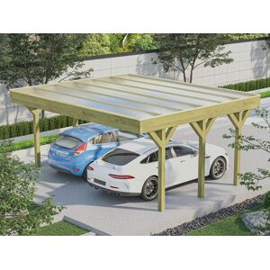 Vente uniquecom Carport pergola double autoporte en bois traite avec toit en PVC 2 voitures 30 m² ARIANE
