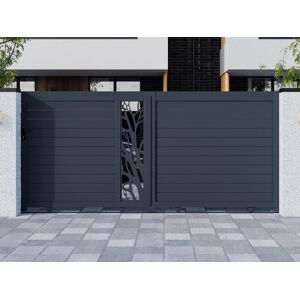 Vente-unique.com Portail electrique coulissant aluminium semi ajoure a motifs L400 x H179 cm anthracite en kit LABRIT II