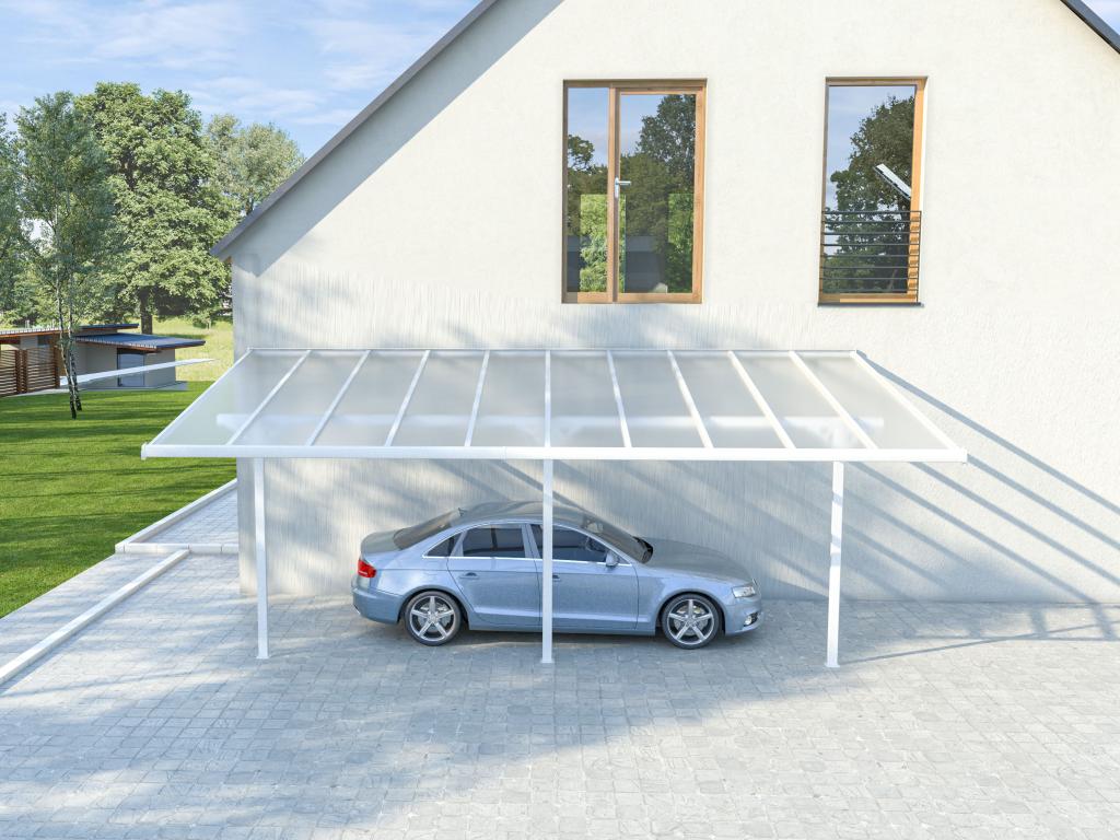 Vente-unique.com Carport pergola adossé en aluminium 18,8 m² blanc ALVARO