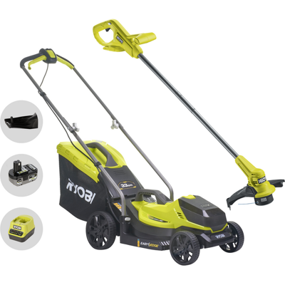 Ryobi RLM18X33B50LT23A - Kit Tondeuse à gazon + coupe-bordure à batterie - 18 V 5 Ah - Coupe 33 cm + 23 cm - Publicité Ryobi RLM18X33B50LT23A - Kit Tondeuse à gazon + coupe-bordure à batterie - 18 V 5 Ah - Coupe 33 cm + 23 cm - Publicité