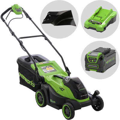 Greenworks MO40L411-01 - Tondeuse à gazon à batterie - 40 V/4 Ah - Largeur de coupe 36 cm - Publicité Greenworks MO40L411-01 - Tondeuse à gazon à batterie - 40 V/4 Ah - Largeur de coupe 36 cm - Publicité