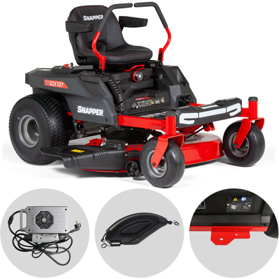 Snapper EZX107 - Tondeuse autoportée à batterie à rayon de braquage zéro - 72V/44Ah - Largeur de coupe 107 cm - 2 en 1 - Publicité Snapper EZX107 - Tondeuse autoportée à batterie à rayon de braquage zéro - 72V/44Ah - Largeur de coupe 107 cm - 2 en 1 - Publicité