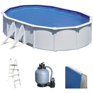 Forme Ovale, Nb maximal de personnes 11-15, Longueur piscine 610cm, Largeur piscine 375cm, Hauteur piscine 120cm, Hauteur max de l'eau 105cm, Capacité piscine 20890L, Pays de fabrication Espagne, Couleur piscine Blanche, Système de fixation Poteaux latéraux, Débit horaire max pompe 4000L/h, Filtre À sable, Échelle Incluse image