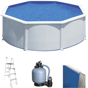 Forme Ronde, Nb maximal de personnes 3-4, Largeur piscine 300cm, Hauteur piscine 120cm, Hauteur max de l'eau 105cm, Capacité piscine 7410L, Pays de fabrication Espagne, Couleur piscine Blanche, Débit horaire max pompe 4000L/h, Filtre À sable, Échelle Incluse image