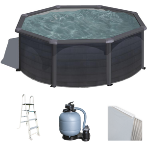 Forme Ronde, Nb maximal de personnes 5-6, Largeur piscine 350cm, Hauteur piscine 120cm, Hauteur max de l'eau 105cm, Couleur piscine Graphite effet bois, Capacité piscine 10100L, Pays de fabrication Espagne, Débit horaire max pompe 4000L/h, Filtre À sable, Échelle Incluse image