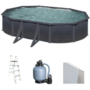 Forme Ovale, Nb maximal de personnes 11-15, Longueur piscine 610cm, Largeur piscine 375cm, Hauteur piscine 120cm, Hauteur max de l'eau 105cm, Couleur piscine Graphite effet bois, Capacité piscine 20890L, Pays de fabrication Espagne, Système de fixation Poteaux latéraux, Débit horaire max pompe 4000L/h, Filtre À sable, Échelle Incluse image