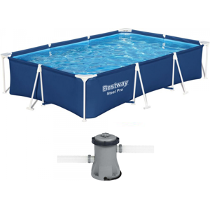 Bestway Steel Pro 56411 - 300x201x66 cm - Piscine hors-sol + Pompe de filtration 16 W - Publicité Bestway Steel Pro 56411 - 300x201x66 cm - Piscine hors-sol + Pompe de filtration 16 W - Publicité