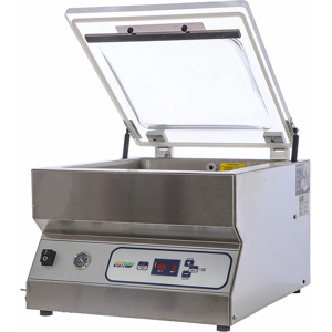 Matériau du châssis Acier INOX, Cycle Automatique, Largeur max des sacs 40 cm , Gaz Alimentaire, Temps de soudure réglable, Fonction aliments secs/humides, Fonction aliments souples/durs, Pays de fabrication Italie, Puissance nominale 900W, Débit de la pompe 333L/min., Double barre de soudure non, Couvercle automatique, Filtre liquides extérieur non, Manomètre de vide non, Écran LCD, Poids 60kg image