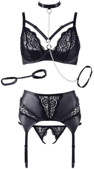 Ensemble 3 Pièces Effet Cuir & Dentelle Avec Laisse Noir Noir