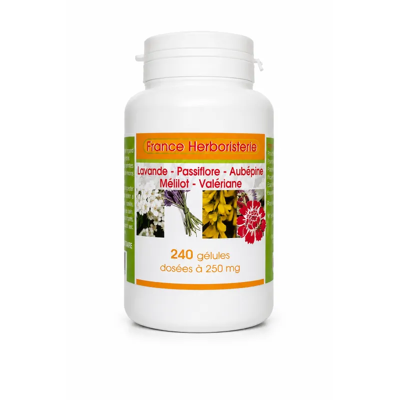 France Herboristerie Complexe Détente – Lavande, Passiflore, Aubépine, Mélilot & Valériane – 240 gélules dosées à 250mg - Publicité France Herboristerie Complexe Détente – Lavande, Passiflore, Aubépine, Mélilot & Valériane – 240 gélules dosées à 250mg - Publicité