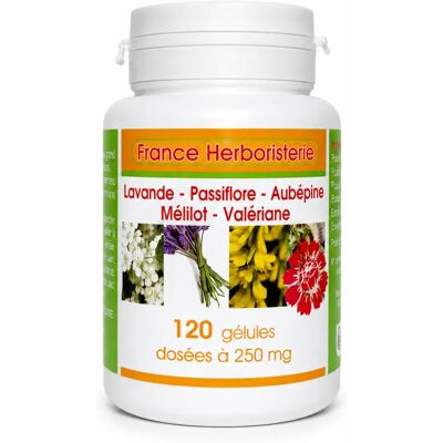 France Herboristerie Complexe Détente – Lavande, Passiflore, Aubépine, Mélilot & Valériane – 120 gélules dosées à 250mg - Publicité France Herboristerie Complexe Détente – Lavande, Passiflore, Aubépine, Mélilot & Valériane – 120 gélules dosées à 250mg - Publicité