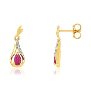 Boucles d'oreilles or 375 2 tons pendants rubis taille poire et diamants- MATY