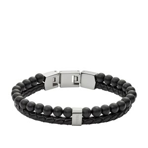 Bracelet FOSSIL acier inoxydable cuir et agates noires 19,5 cm- MATY