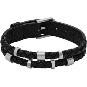 Bracelet FOSSIL acier inoxydable et cuir noir.- MATY