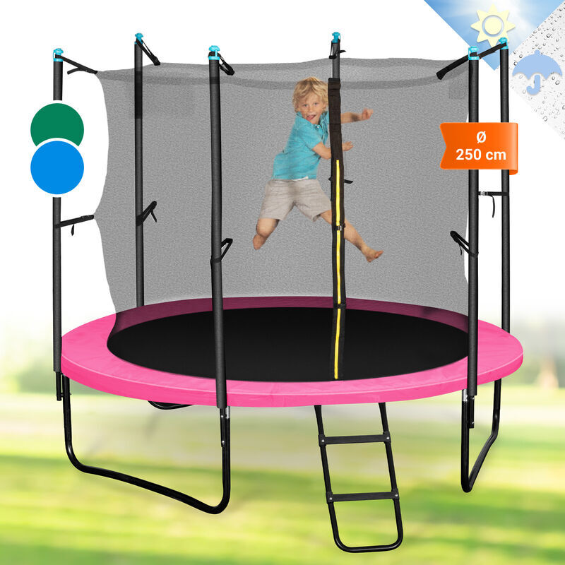 KLARFIT Rocketgirl 250 Trampoline 250cm Filet de sécurité échelle large rose KLARFIT Rocketgirl 250 Trampoline 250cm Filet de sécurité échelle large rose