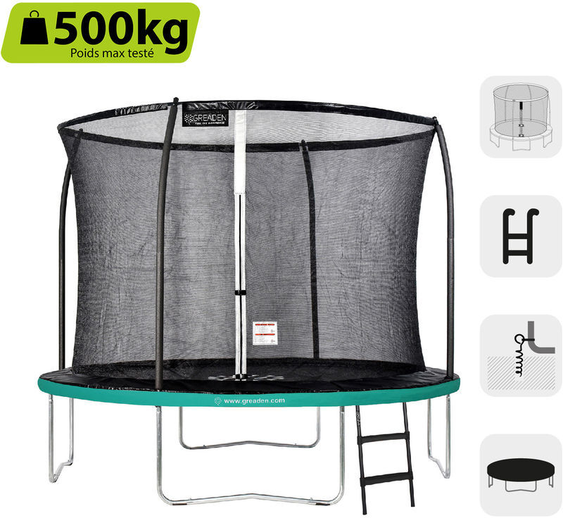 GREADEN Trampoline de jardin Rond Vert 305 avec Filet coussin de GREADEN Trampoline de jardin Rond Vert 305 avec Filet coussin de