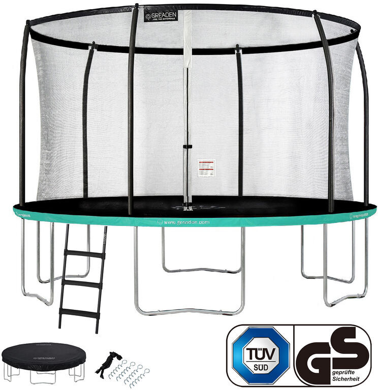 GREADEN Trampoline de jardin Rond Vert 360 avec Filet coussin de