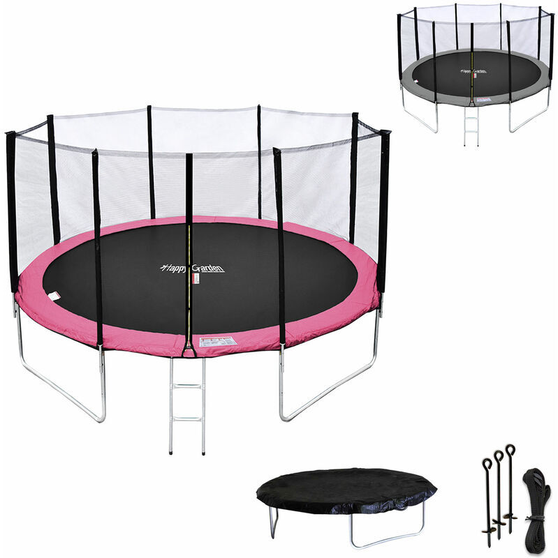 HAPPY GARDEN Pack Premium Trampoline 370cm réversible rose / gris PERTH + filet, HAPPY GARDEN Pack Premium Trampoline 370cm réversible rose / gris PERTH + filet,