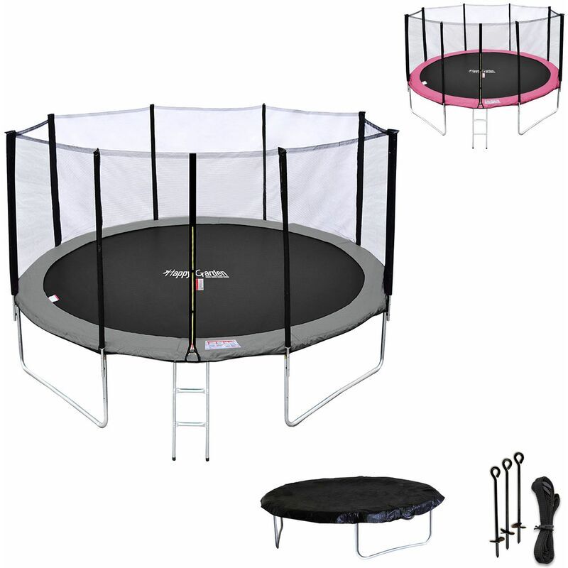 HAPPY GARDEN Pack Premium Trampoline 430cm réversible gris / rose MELBOURNE + filet, HAPPY GARDEN Pack Premium Trampoline 430cm réversible gris / rose MELBOURNE + filet,