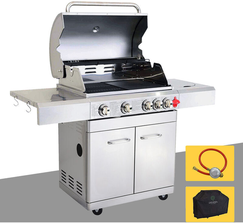 GREADEN BBQ Grill Barbecue À Gaz INOX PHÉNIX - 4 BRÛLEURS+1 FEU LATÉRAL et