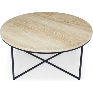 NV GALLERY Table basse travertin GISELLE - Table basse, Pierre de travertin waterproof & metal noir, Ø80 Beige / Noir