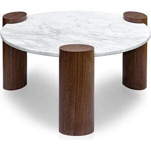 NV GALLERY Table basse MIEIS - Table basse, Marbre blanc waterproof & bois noyer, Ø90 Blanc / Marron