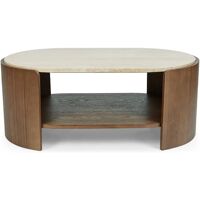 NV GALLERY Table basse ELIPSE – Table basse, Travertin waterproof & bois de frêne teinte noyer, L100 Marron / Blanc